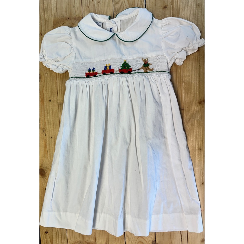 Silly Goose Vtg Smocked Christmas sz‎ 4 Train Holiday Dress girls white